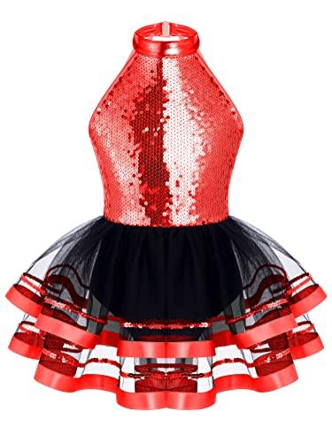 Alvivi Vestito da Danza Classica Bambina Paillettes Tutu Body da Balletto Abito da Ballo Senza Manica Ballerina Jazz Danza Moderna Dancewear Rosso 9-10 Anni