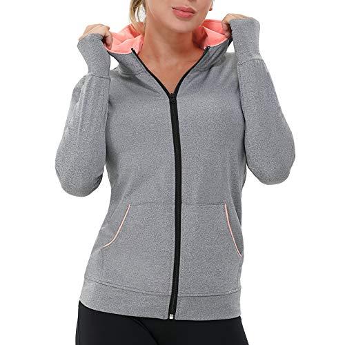 AMZSPORT Donna Felpa Sportiva Giacca da Running a Manica Lunga con Cappuccio con Fori per i Pollici e Tasche Grigio M