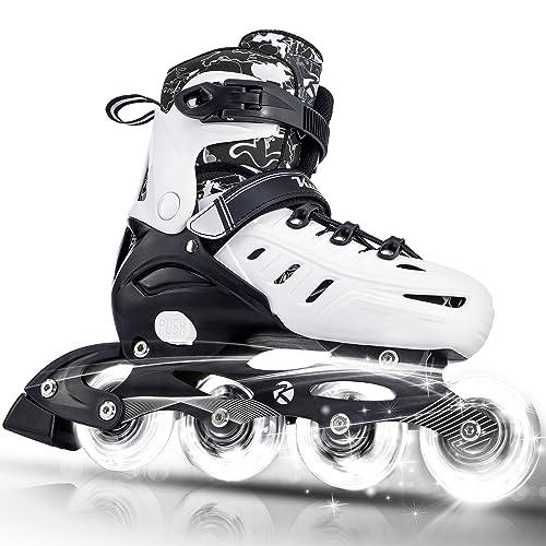 Kuxuan Skates Pattini in linea regolabili, divertenti e luminosi, per ragazzi e ragazze, principianti, interni ed esterni, bianco, misura grande