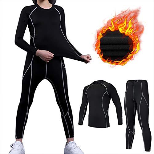 TBoonor Biancheria Intima Termica per Bambini Set di Biancheria Intima da Sci Bambini Funzionale Camicia Termico Pantaloni per Running Sport Invernali Ragazzi Nero con Filo Grigio - Ispessita
