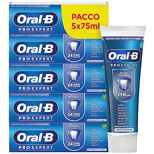 Oral-B DENTIFRICIO Pro-Expert PULIZIA PROFONDA, Protezione di 24 Ore CONTRO LA PLACCA, Clinicamente Provato, Confezione da 5 Dentifrici (5x75ml), Gusto MENTA DELICATA