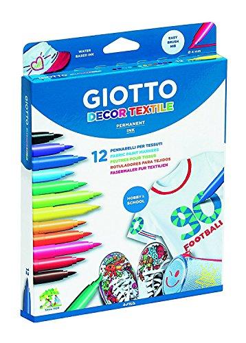 GIOTTO Decor Textile - Confezione da 8 Pennarelli a Colori Standard + 4 Pennarelli Fluo, 4mm, Inchiostro Indelebile