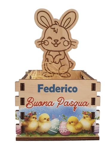 Cestino Pasquale porta uovo kinder od ovetti di cioccolato porta cioccolatini in legno con coniglietto e grafica a colori personalizzata - idea regalo pasqua - contenitore personalizzato