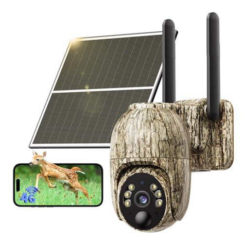 NUASI 4G LTE Fotocamera da Caccia Solare, 2K PTZ Fototrappola con SIM Scheda, Telecamera Esterna con Pannello Solare e APP，Rilevamento PIR, Visione Notturna a Colori, Audio a 2 Vie