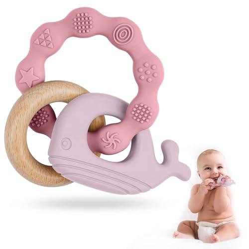Vicloon Dentizione Neonati Giocattolo, 2 Massaggiagengive e 1 Faggio Dentizione Giocattolo Senza BPA, Non Tossici Massaggia Gengive Neonati Silicone per Molar Lenire i Bambini, Balena-Rosa