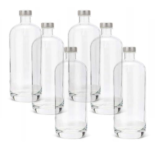 BrandPrint - Artemide Set di 6 Bottiglie in Vetro da 1 Litro - Tappo a Vite Rivestito in Alluminio - Senza BPA - Per Bevande Acqua e Succhi - Facile Pulizia e Riempimento, Trasparente, 1000 ml, Vetro