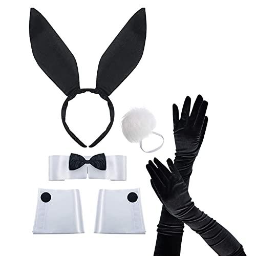 PMELCXD set costume da coniglio da donna, Set di Accessori Coniglietto da Donna Fascia per Capelli con Orecchio di Coniglio Colletto Cravatta a Farfalla Polsini e Coda di Coniglio Cosplay