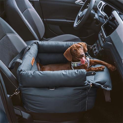 Funnyfuzzy, Seggiolino auto per cani di taglia piccola e media fino a 15,9 kg, in pelle impermeabile, con guinzaglio di sicurezza, base antiscivolo e lettino per cani da viaggio completamente