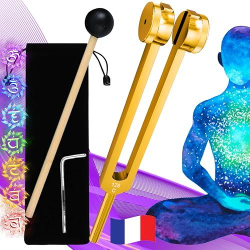 Diapason Medico/Curativo 128 Hz Professionale in Alluminio Dorato, per la Terapia del Suono di Meditazione Yoga, Strumento con Martello e Custodia inclusa [Soddisfatti o rimborsati a vita]