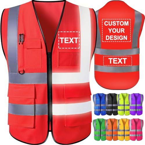 GBVllexuii Gilet di sicurezza personalizzato da uomo con tasche con logo Gilet riflettenti rossi ad alta visibilità Abbigliamento da lavoro di sicurezza per l'edilizia Protezione esterna XL