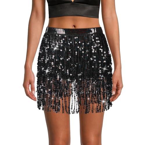 OFFCUP Falda de Danza del Vientre para Mujer, Falda Flecos Mujer Falda Carnaval, Falda con Borlas de Lentejuelas para, Vestido con Falda de Flecos Rave (Nero)