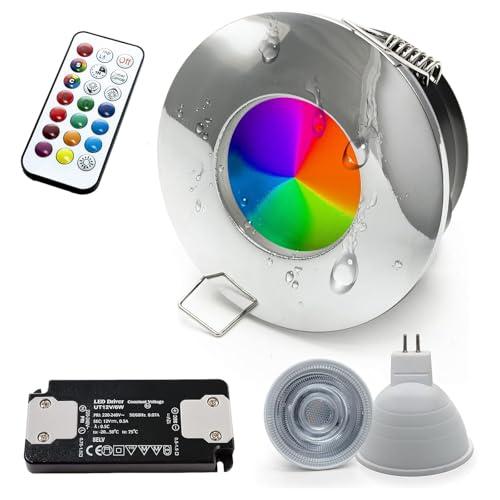 Planetitaly Faretto incasso LED 6W 12V cromoterapia IP65 box doccia bagno turco lampada GU5.3 RGB 3000K 6000K telecomando IR (Colore Silver Cromato, Luce RGBW+3000K)