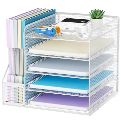 Marbrasse Organizer Scrivania,5 Livelli Porta Documenti e Accessori,Organizzatore Rete per Ufficio Casa e Scuola(Bianco)