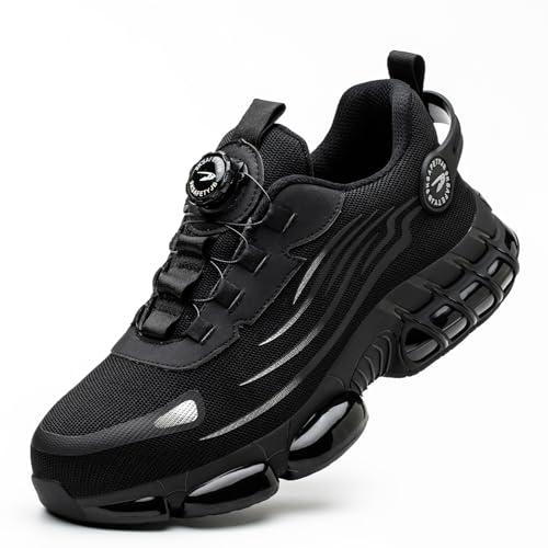 GemChve Scarpe Antinfortunistiche Uomo Donna Leggere Traspiranti Sneakers Antiscivolo Scarpe Sicurezza con Punta in Acciaio Regolazione Rapida dei Lacci Black 43 EU
