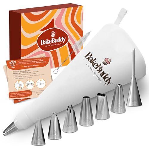 BakeBuddy Sac a Poche Professionali (11 pezzi) - Sacapoche da 35 cm in Cotone con Beccucci in Acciaio Inox per Decorare Torte, Riutilizzabile e Lavabile in Lavastoviglie, con Adattatore & Box Regalo