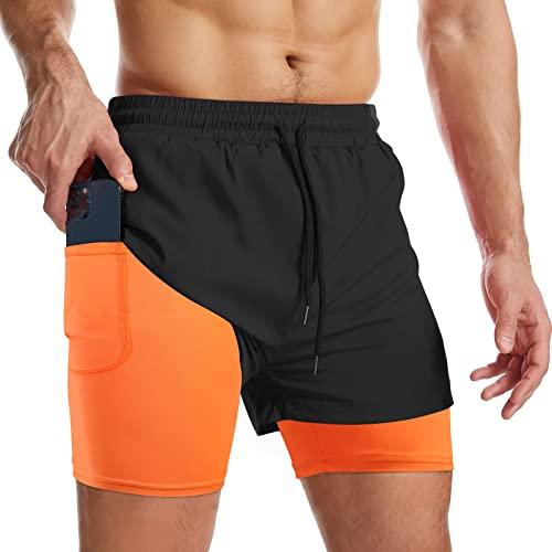 Danfiki Pantaloncini Sportivi da Uomo Running Shorts Asciugatura Rapida con Tasca per Jogging Tennis Fitness Allenamento 2 in 1,Nero Giallo,M