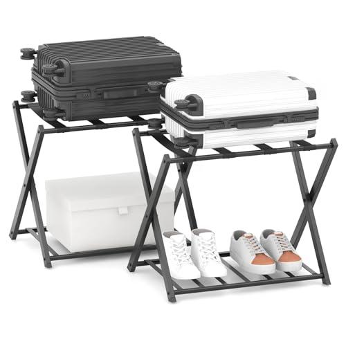 COSTWAY Portavaligie Pieghevole, Porta Valigie Poggia Bagaglio a 2 Ripiani, Cavalletto da Valigie, per Hotel e Viaggio, in Metallo, 68 x 43 x 56 cm (Nero 2)