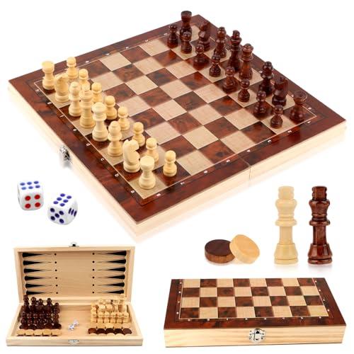 talifoca 3 in 1 Scacchiera in Legno, Scacchiera Pieghevole Chess Board Set, pieghevole portatile set scacchiera, per bambini adulti festa di viaggio 29x29 cm
