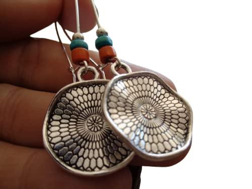 ✿ ORECCHINI IN LEGNO MANDALA ETHNO POCAHONTA ✿ arancio - orecchini lunghi con gancio turchese - regalo unico - fatto a mano -cio lungo