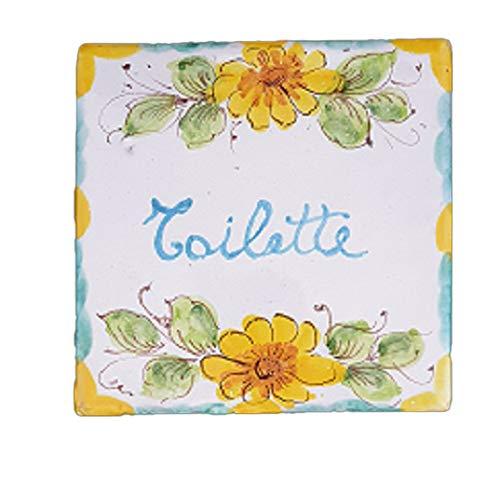 TARGA PER CASA TOILETTE PERSONALIZZATA IN CERAMICA ARTISTICA DIPINTA A MANO, LATO CM. 15 X CM. 15 X CM. 2 DECORAZIONI PIASTRELLA MATTONELLA TERRACOTTA COCCIO