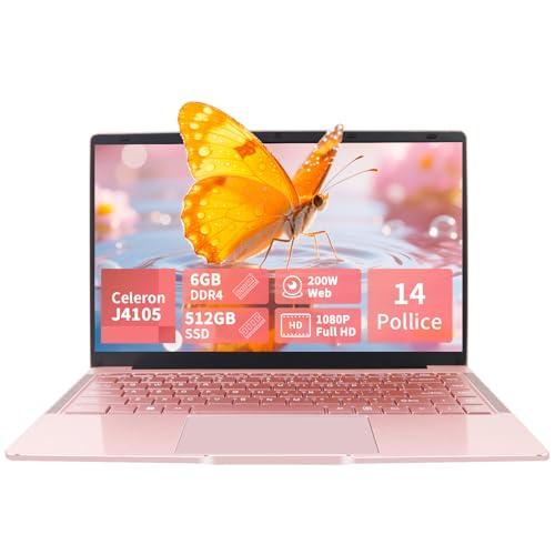 LONGEVINCE PC Portatile 14 Pollici, Notebook Full HD 1920x1080, Celeron J4105, Win11 pro, Computer Portatile Leggero e Sottile, Tastiera Italiana, Mini HDMI, Mouse Wireless (Oro rosa, 8GB+512GB SSD)