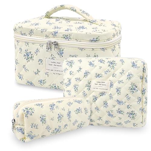 Aucuu Beauty Case, 3 Pezzi Floreale Grande Capacità per Il Trucco, Borsa da Toilette Trapuntata, Beauty Case da Viaggio Cotone Morbido, Beauty Trapuntato Grandei da Toilette Makeup Bag Organizer