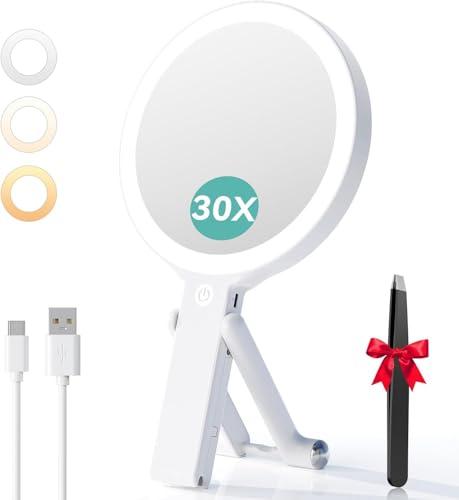 Auxmir Specchio Trucco con Luci LED, Specchio Ingranditore Bifacciale 30X/1X, 3 Colori Regolabile, Specchio da Tavolo Pieghevole, Compatto a Mano e per Appendere, Ricaricabile e Portatile da Viaggio