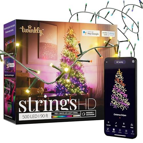 Twinkly Strings HD – 500 RBG + Warm White LEDs, 27.5 Meters, Green Wire, Indoor/Outdoor Lighting Decoration
