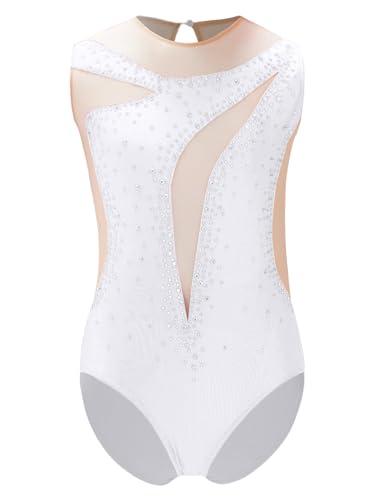 Loodgao Body Bambine Danza Classica - Body con Strass e Leotard per Balletto Ginnastica Artistica Senza Manica Dancewear Bodysuit da Ballo Leotards Bianco 9-10 anni