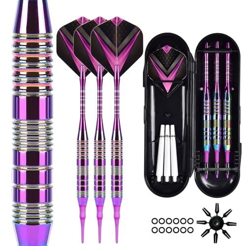 Mhekrep Freccette con punta in plastica, 21 grammi, set di 3 freccette professionali morbide, accessori per freccette per bersaglio elettronico con scatola di immagazzinaggio (viola)