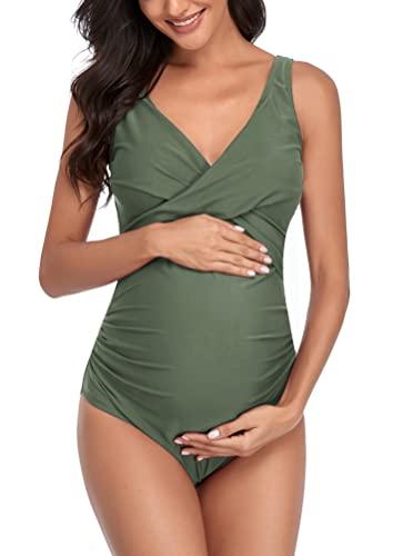 SUMMERSUNSHINE Costume da bagno intero premaman con incrocio anteriore costume da bagno per gravidanza Bikini premaman, Verde militare, M