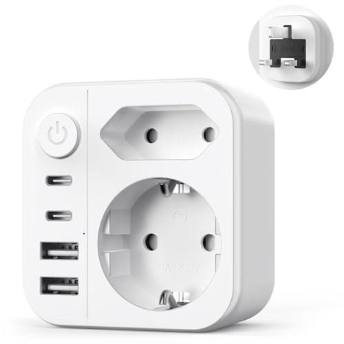 Presa Inglese Italiana Adattatore 6 IN 1, 3250W Adattatore UK con 4 USB,Tipo G Adattatori Presa Inglese per Regno Unito, Irlanda, Scozia,Dubai, Maldive
