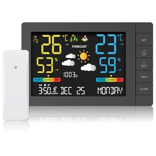 LEVIPE Stazione Meteo Senza Fili con Display a Colori,Termometro Igrometro Barometro Interno Esterno Preciso con Previsioni, Allarmi e Doppia Alimentazione per Casa Giardino Ufficio