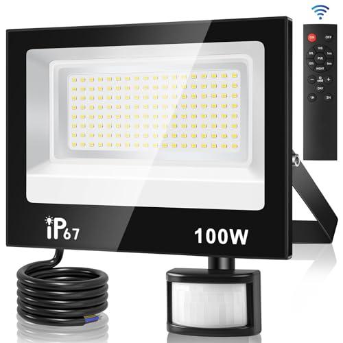 URTBST 100W Faretto Led da Esterno con Sensore di Movimento,4 Modalità 10 Luminosità Faretti LED esterno con Telecomando,10000LM,7000K Bianco Freddo IP67 impermeabile Faro LED Esterno per Terrazza