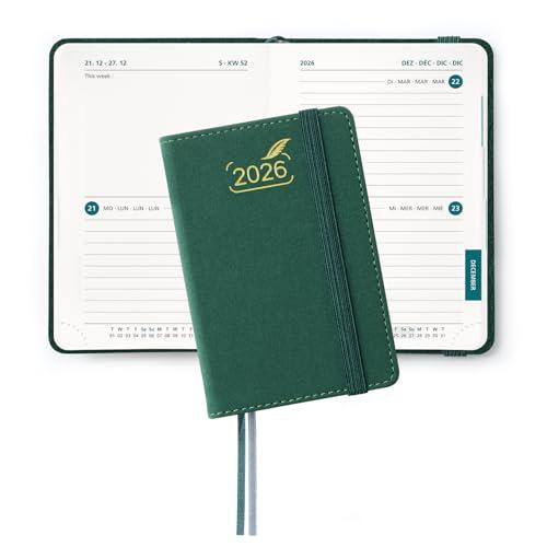 BEZEND Mini Agenda 2026 Bi-Giornaliera Tascabile 12 x 8 cm, 2 Giorni per Pagina (1 Settimana su 4 Pagine) - B7 Diario Piccola da Gen a Dic 2026, Copertina Rigida in Pelle PU, Verde Foresta