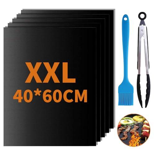 GROFIS Set di 5 Tappetino Barbecue 60x40cm, Antiaderente Stuoie Barbecue in Teflon, Carta da Forno Riutilizzabile con Pennello e Clip, BBQ Mat per Griglia a Gas Carbone Forno Griglia Elettrica