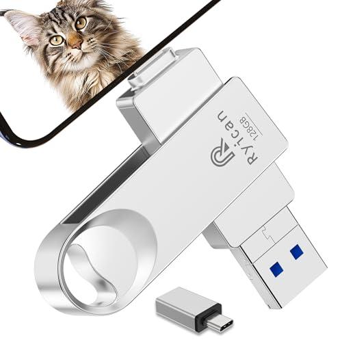 [Senza APP] Chiavetta USB per lPhone,Ryican 128GB Memoria Esterna Pendrive USB C 3.0 Chiavetta per lphone per scaricare foto 4 in 1 Photostick per iOS/Smartphone/Pad/Android/PC/Tablet,Argento