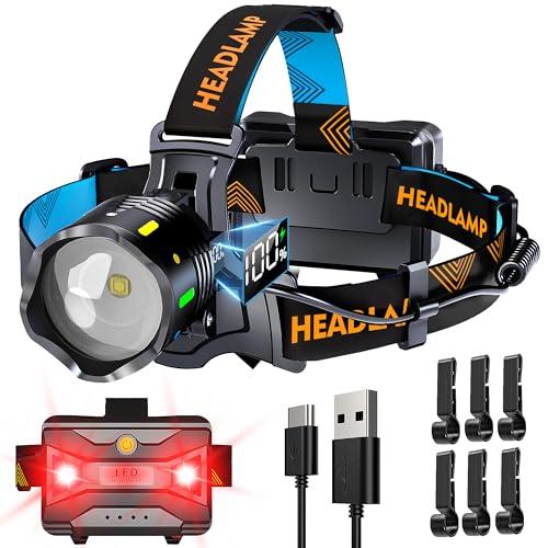 160000 Lux 11 Modalità Torcia Frontale Rosso Avviso e Sensore, 90H Standy 125° Lampada Frontale Regolabile e Zoomabile, Torcia Frontale Led Ricaricabile Impermeabile IP44 per Outdoor Pesca Trekking