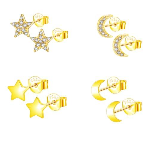 Epoch World 4 Paia Orecchini Argento 925 Ipoallergenic Oro Orecchini Stella e Luna Piccoli con Cubic Zirconia Orecchini in Oro per Donna e Ragazze