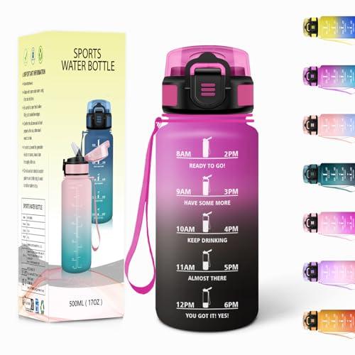 Borraccia, 500ML Con Paglia, Borraccia Bambini, Senza BPA, Borracce con Cannuccia, Bottiglia d'acqua Motivazionale con Indicatore del Tempo, Bottiglia Acqua per Scuola, Sport - Porpora rossastra&Nero