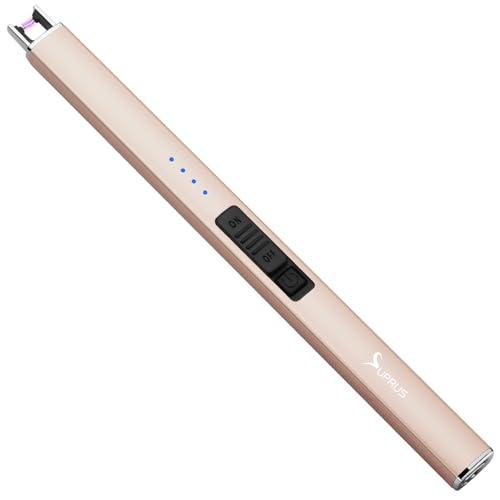 SUPRUS Accendino elettrico ad arco elettrico, antivento, senza fiamma, USB, ricaricabile, con serratura di sicurezza per candele, barbecue, campeggio (oro)