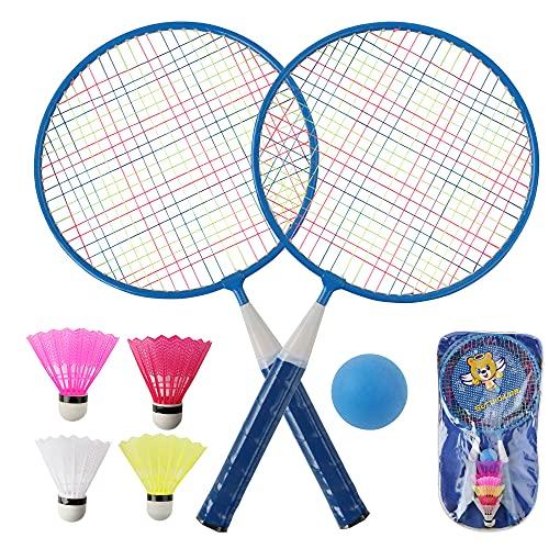 QKTYB Set da badminton per bambini, 1 paio di racchette da badminton per bambini, peso leggero, con 2 racchette, 4 volani, 1 palla di spugna per giochi sportivi interni ed esterni