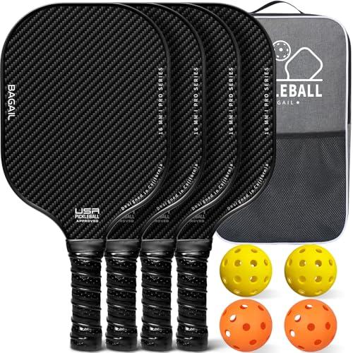 BAGAIL Set di racchette da pickleball, racchette con 4 palline, leggere - Elevato assorbimento degli urti - Ergonomiche, adatte per partite indoor e outdoor, Nero