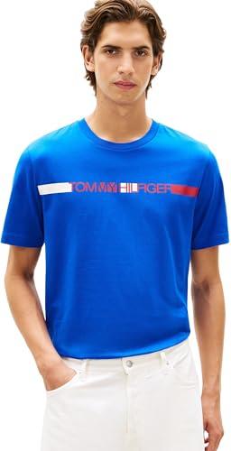 Tommy Hilfiger Uomo T-Shirt Maniche Corte Brand Love Stripe in Cotone, Blu (Regal Blue), M