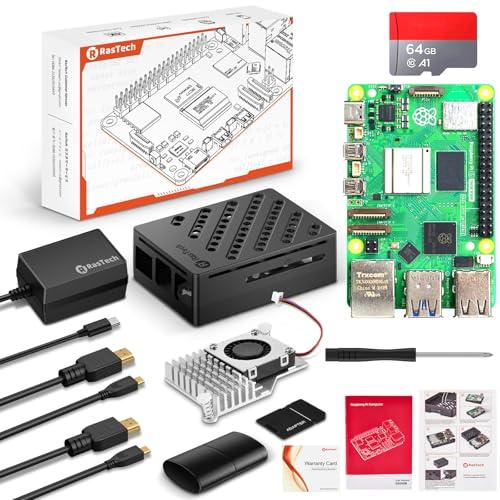 RasTech Raspberry Pi 5 16GB Kit 64GB Edition con Active Cooler, alimentatore USB-C 27W 5.1V5A, scheda Pi 5 16GB, kit lettore schede 64GB, Pi 5 Fall, doppio cavo 4K HD Out e manuale utente