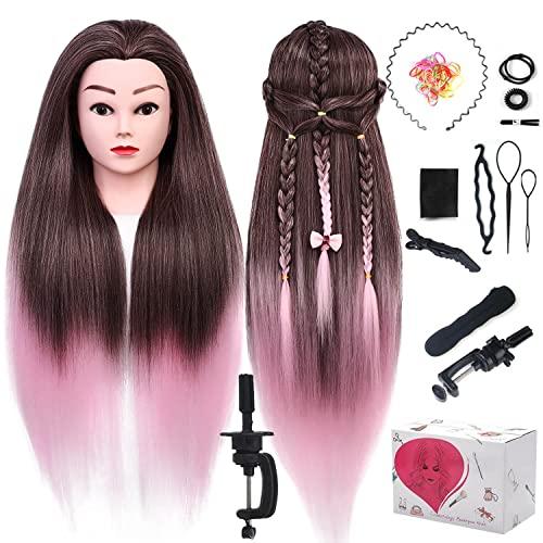 TopDirect Testa per Parrucchieri, 75 cm Testa Bambola da Pettinare Capelli 100% Sintetica Morbidi, Studio Manichino Pratica con Morsetto + DIY Accessori, Rosa + Marrone
