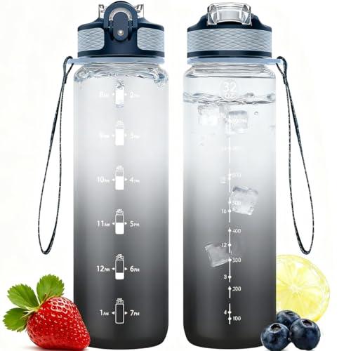 Navtue Bottiglia d'acqua da 1 l con cannuccia, bottiglia sportiva con marcature di tempo, anti-perdita, Tritan senza BPA, per scuola, ciclismo, corsa (nero grigio)