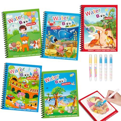 Damcyer 5 Pezzi Libro di Pittura ad Acqua per Bambini con 5 Penna Acqua, 5 Temi Riutilizzabile Magic Water Book, Libri ad Acqua da Colorare Bambini per Bambini da 3 Anni, Tema Animale
