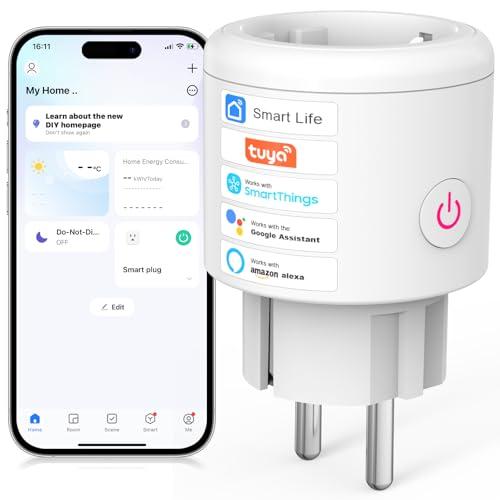 SURFOU Presa Smart Intelligente WiFi, Timer Presa Elettrica Compatibile con Alexa e Google Home, Funzione Temporizzata Domotica con Misuratore di Consumo, Controllo Vocale, App Tuya/Smart Life,16A