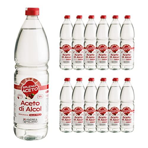 Andrea Milano, Splendi Aceto, Aceto di Alcool 100% Naturale Aromatizzato alla Mela, Acidità 8%, per Qualsiasi Impiego, Multiuso, Ideale per la Pulizia della la Casa, 12 Bottiglie PET da 1 L
